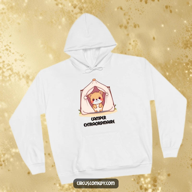 Funny hoodie with a playful animal peeking out from a miniature tent, perfect for cozy outdoor adventures and humor.
