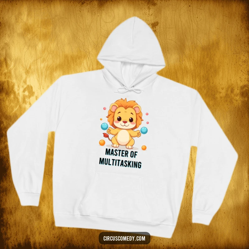 Funny hoodie showcasing a cute lion energetically juggling small balls, radiating joy and a knack for performance.
