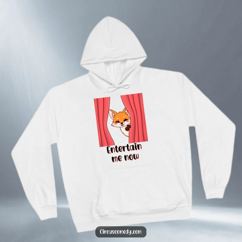 Funny Fox Behind Curtain Hoodie: A mischievous fox peeks from behind a velvet curtain with an excited grin, a cozy funny gift.