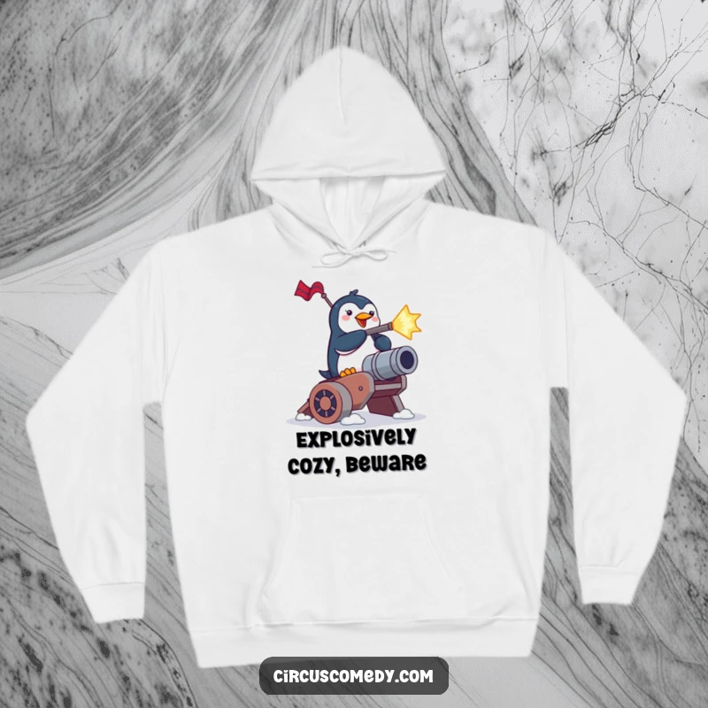 Funny penguin hoodie, a brave penguin launching from a cannon, delivering a sense of humorous adventure and coziness.