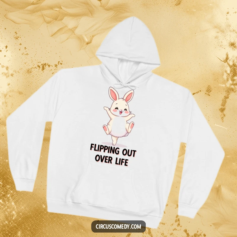 Funny hoodie design of a fluffy bunny performing a cartwheel with a flourish, embodying playful energy and softness.