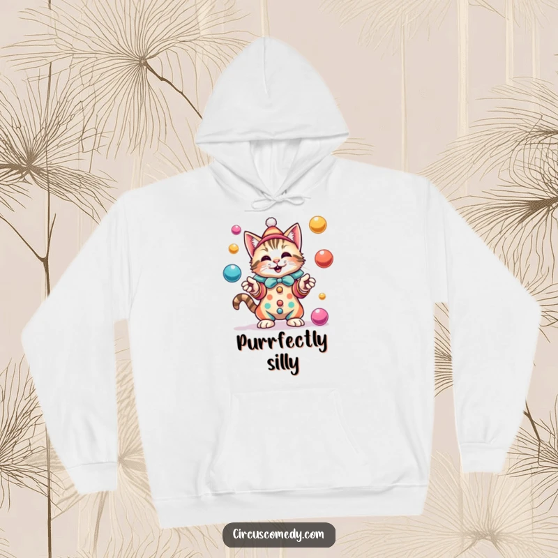 A delightful cat in a bright, colorful clown costume, enthusiastically juggling various balls with an expression of pure joy.