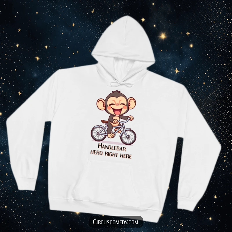 Funny giggling chimp comically pedaling a miniature bicycle, exuding pure delight and silliness on a warm, comfortable hoodie.