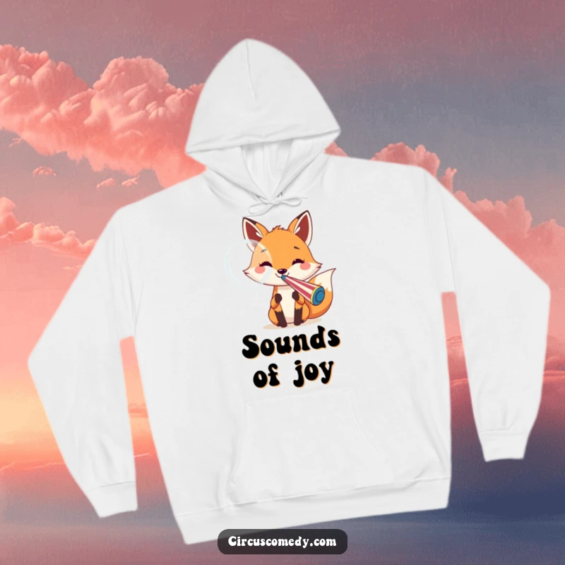 Funny fox hoodie featuring a cheerful fox blowing a large bubble from a circus whistle, offering warmth and whimsical delight.
