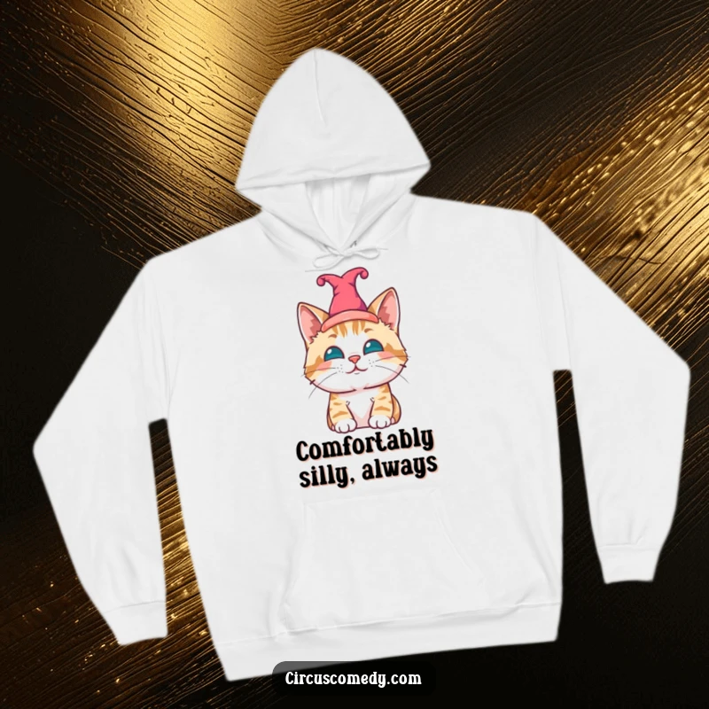 Funny cat hoodie, a contented cat wearing a jester hat, cozy and humorous apparel.