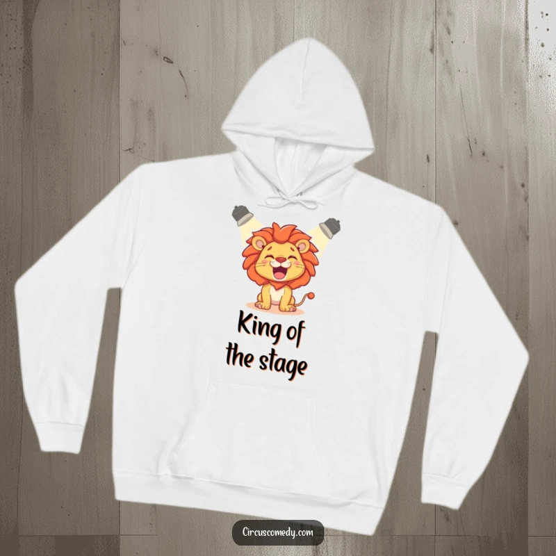 Funny Hoodie: A delighted lion roaring playfully, illuminated by a single spotlight.