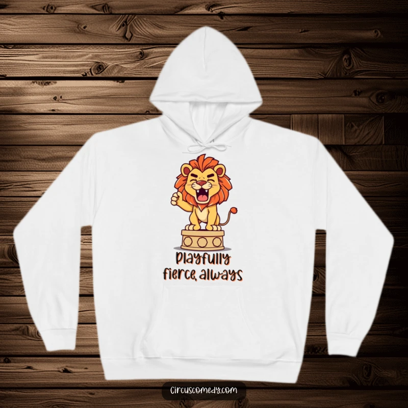 Funny hoodie design of a determined lion playfully roaring from a pedestal, showcasing strength and a fun-loving attitude.