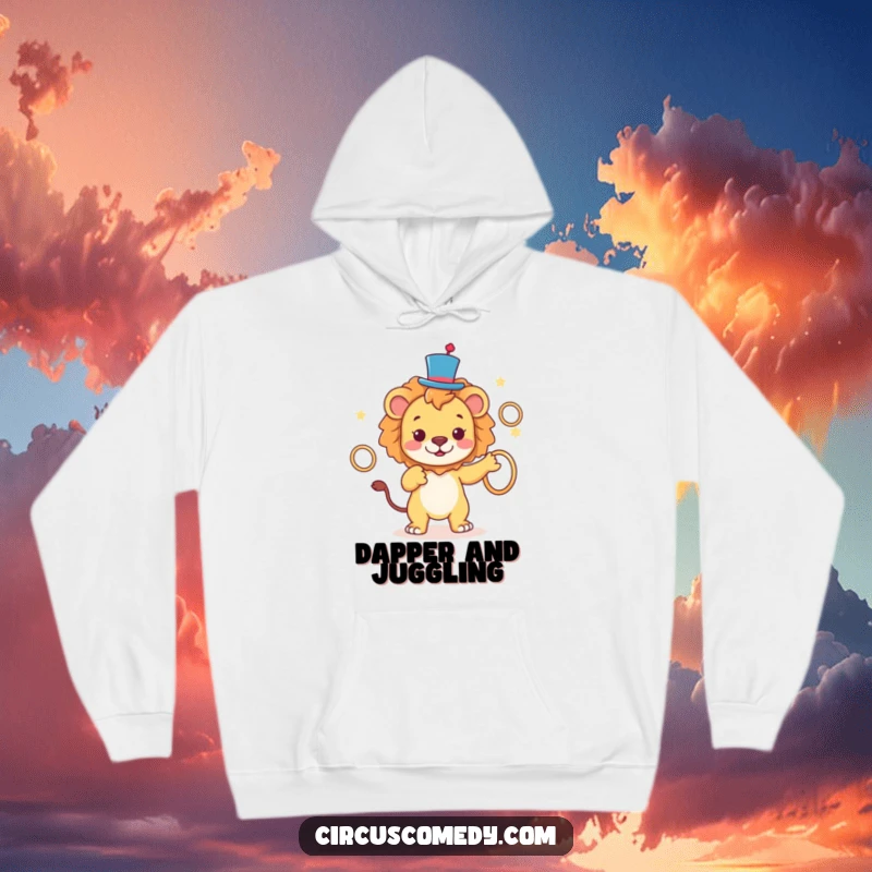 Funny Lion Top Hat Hoodie showing a regal lion in a tiny top hat juggling shiny rings, offering warmth and humorous style, a funny gift.
