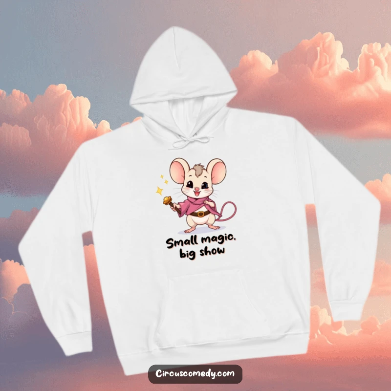 Funny mouse in the act of performing a magic trick with a wand, featured on a comfortable hoodie.