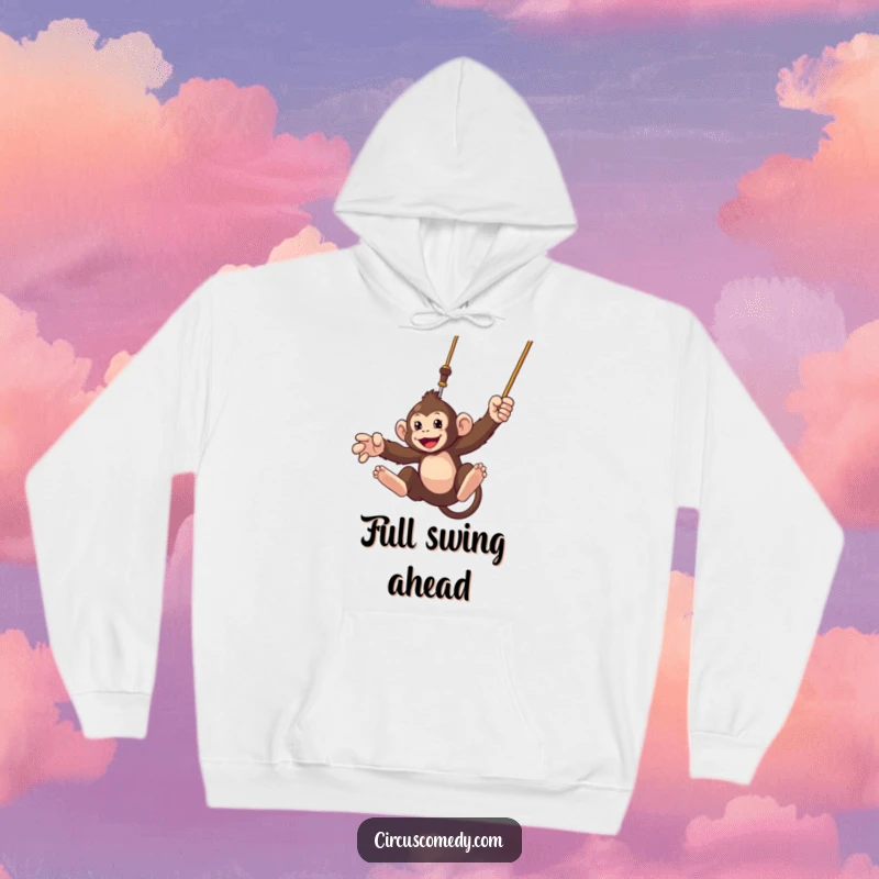 Funny hoodie depicting a determined monkey mid-swing on a trapeze, conveying energy and a playful spirit.