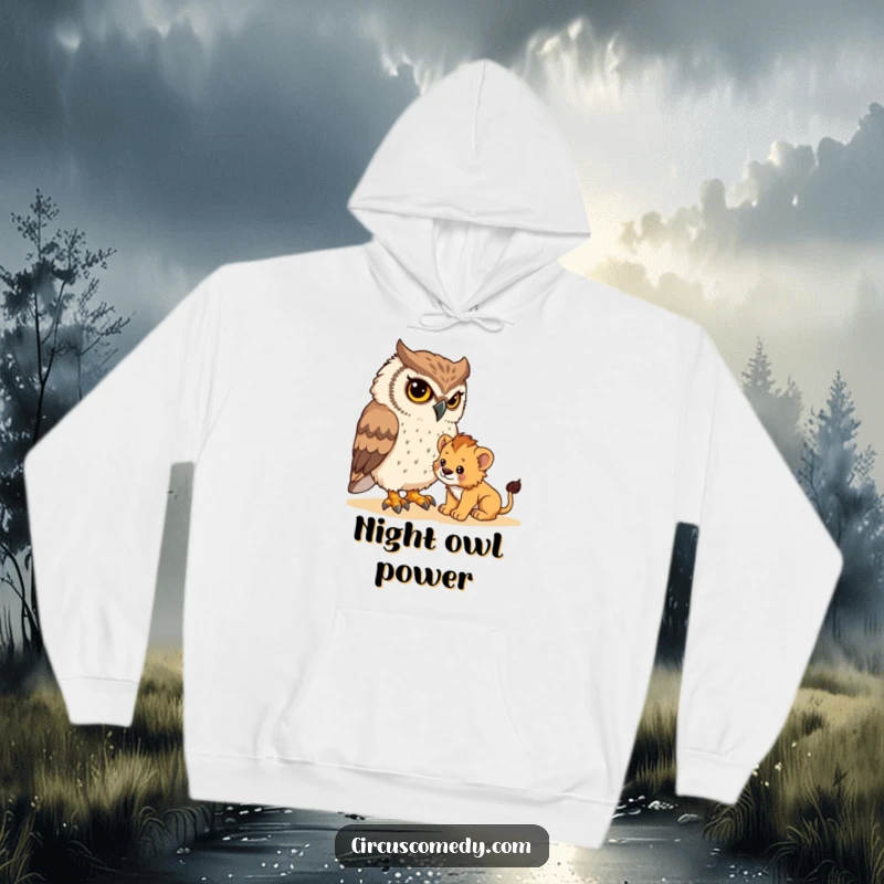 Funny hoodie showcasing a focused owl attempting to gently discipline a tiny, rambunctious lion cub, embodying a humorous parenting scenario.