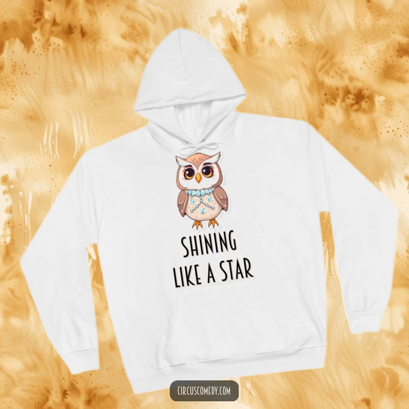 Funny owl wearing a sequined costume, mid-blink, on a cozy hoodie, glamorous and amusing.