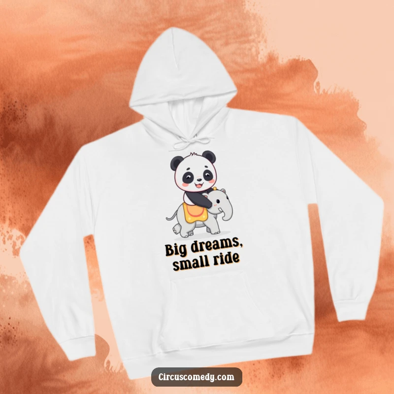 Funny hoodie depicting a happy panda riding a small circus elephant, designed for warmth and a touch of endearing, whimsical humor.