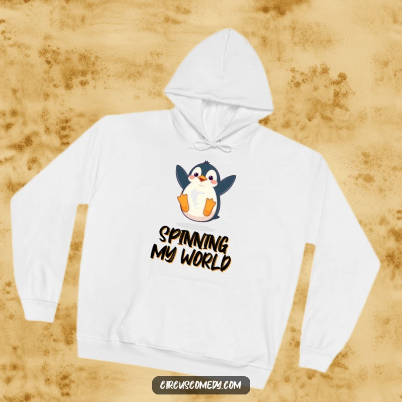 Funny hoodie depicting a penguin waddling comically as it performs a somersault, designed for warmth and a good dose of humor.