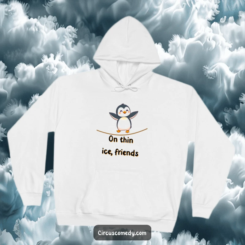 Funny Penguin Tightrope Hoodie showing a curious penguin with outstretched wings walking a tightrope, offering warmth and whimsical humor, a funny gift.