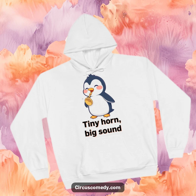 Funny Penguin Hoodie: A cheerful penguin serenades with a tiny trumpet, offering cozy comfort and a dose of playful humor in this funny hoodie.