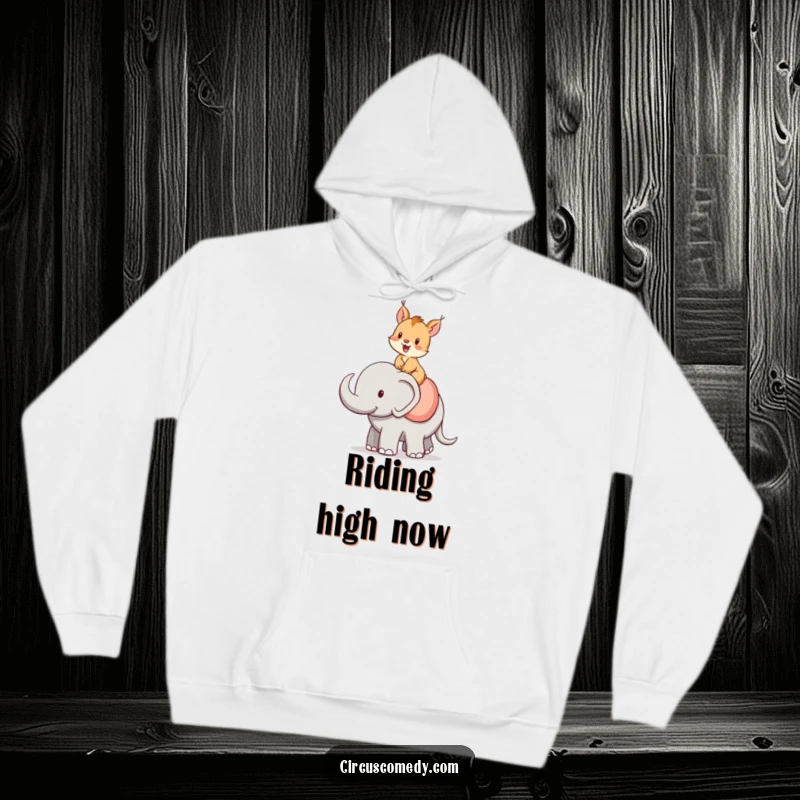 Funny squirrel hoodie, a cheerful squirrel riding an elephant, a cozy and humorous design for warmth and joy.