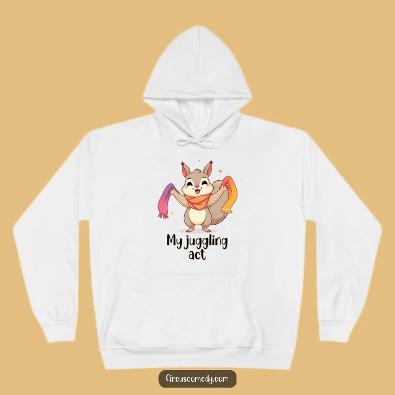 Funny Squirrel Hoodie: Cheerful Juggler with Scarves - Cozy & Colorful Gift