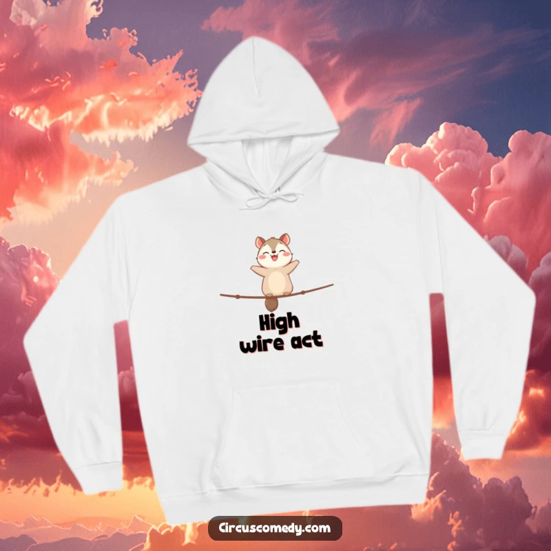 Funny Hoodie: Cute animal with a happy expression, perfectly balanced on a tightrope, conveying skill and cheerful confidence.