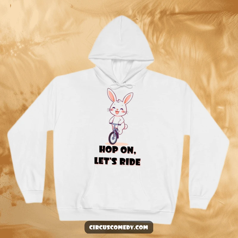 Funny Rabbit Unicyclist Hoodie: A comfortable hoodie depicting a happy, grinning rabbit skillfully riding a unicycle.