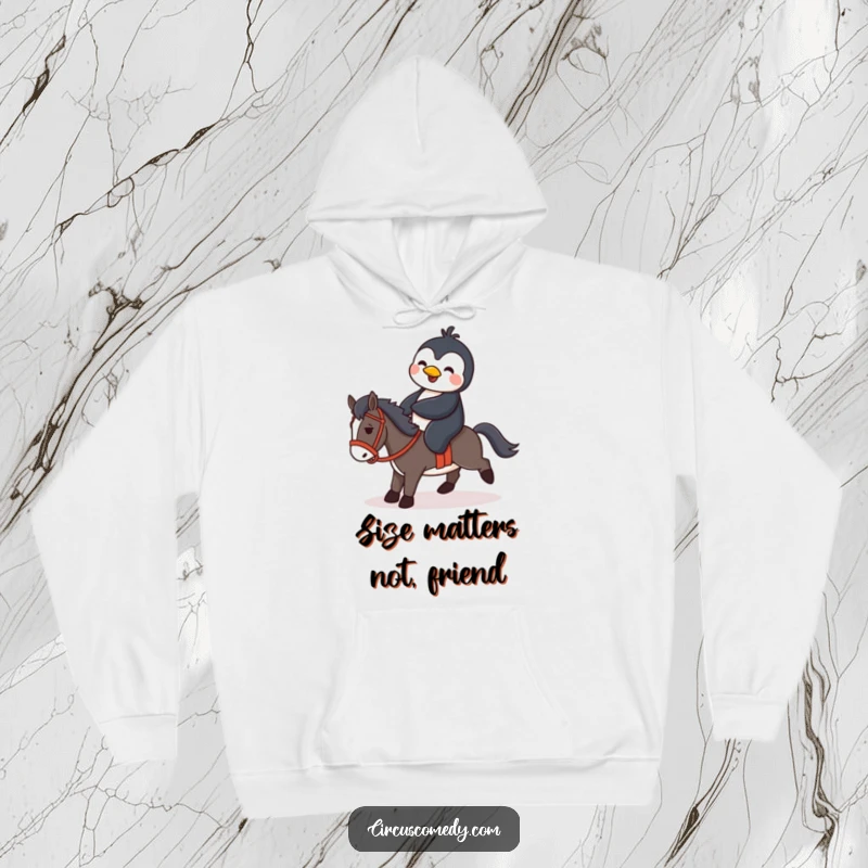 Funny penguin attempting to ride a small horse, depicted on a comfortable hoodie, ideal for casual, humorous wear.