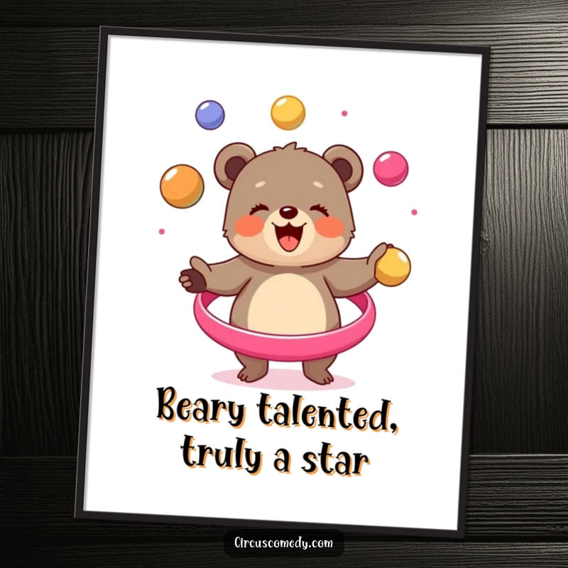 Funny Free Printable Wall Art: Energetic bear cub juggling brightly colored balls, a whimsical and joyful downloadable art piece.