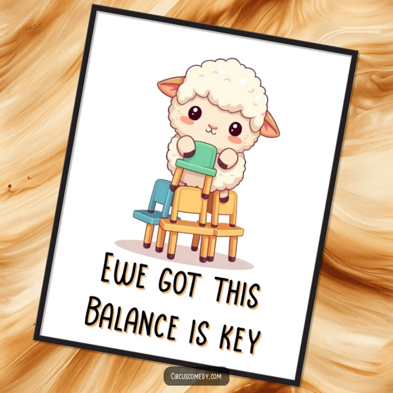 Funny Free Printable Wall Art: A fluffy sheep expertly balances a tall stack of tiny chairs, creating a whimsical scene.