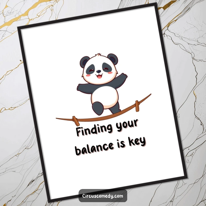 Funny Free Printable Wall Art: Smiling panda walking a tightrope with cheerful determination, focused and balanced.
