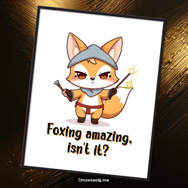 Funny Free Printable Wall Art: Determined fox performing an impressive magic trick with a sparkling wand.