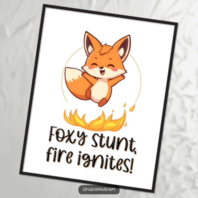 Funny Free Printable Wall Art: A fearless fox leaps through a blazing ring of fire, showcasing courage and excitement.