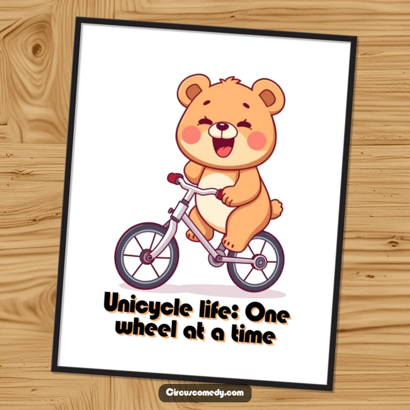 Delightful Free Printable bear art featuring a bear happily riding a unicycle, whimsical decor.