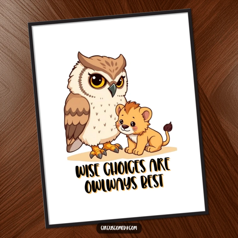 Funny free printable wall art: a determined owl cautiously trying to tame a playful, fluffy, tiny lion cub, adding whimsy.