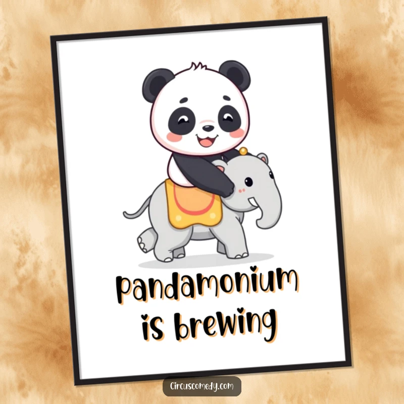 Funny free printable wall art of a smiling panda riding a miniature circus elephant, bringing whimsical charm and circus flair.