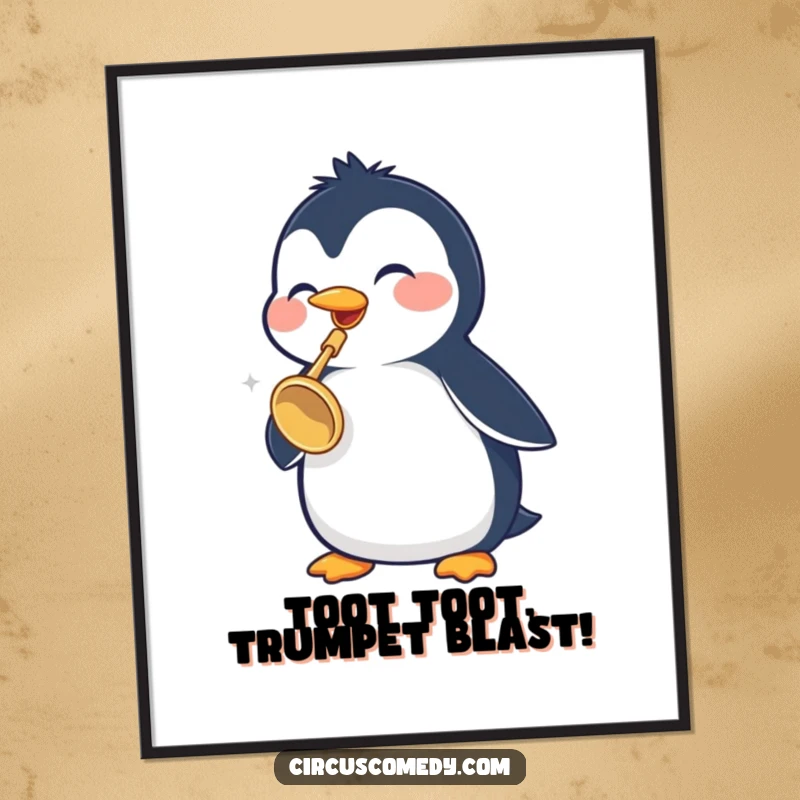 Funny Free Printable Wall Art: A cheerful penguin joyfully plays a tiny trumpet, bringing a smile to any room.