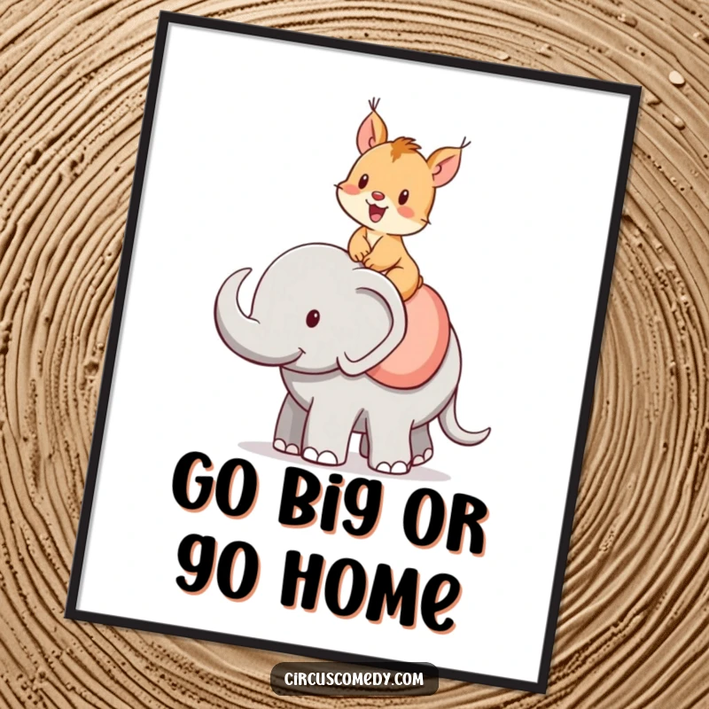 Funny Free Printable Wall Art: A happy squirrel sits atop a large elephant, creating a whimsical and charming scene for your home.