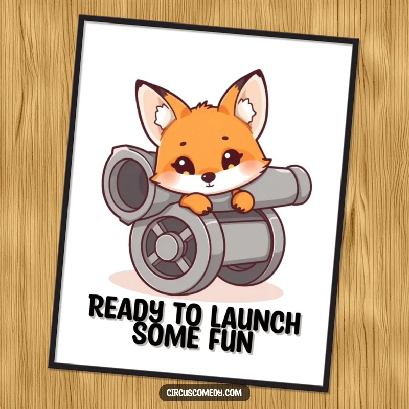 Funny Free Printable Wall Art: A curious fox peeking from a cannon's barrel, adding a touch of unexpected humor to your decor.