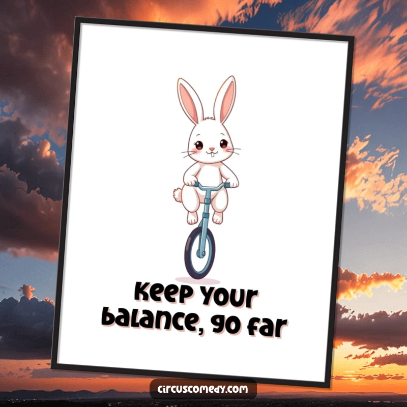 Funny Free Printable Wall Art: A determined rabbit expertly rides a unicycle, adding a touch of humor and skill to your walls.