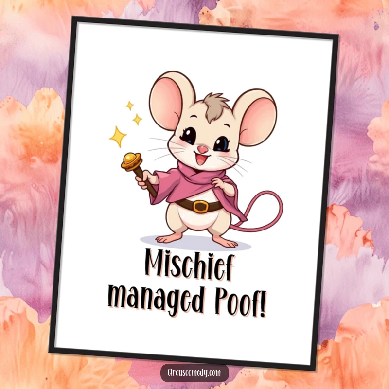 Funny Free Printable Wall Art: A tiny mouse brandishes a magic wand, performing an amazing trick with sparks flying.