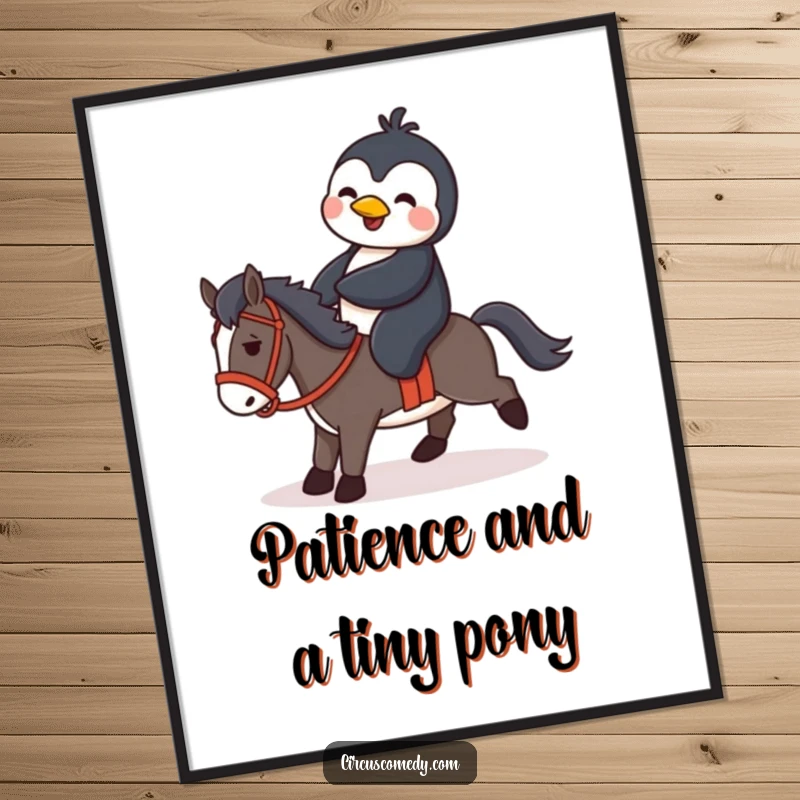 Funny Free Printable Wall Art: A determined penguin hilariously attempts to ride a tiny horse, creating a whimsical scene.
