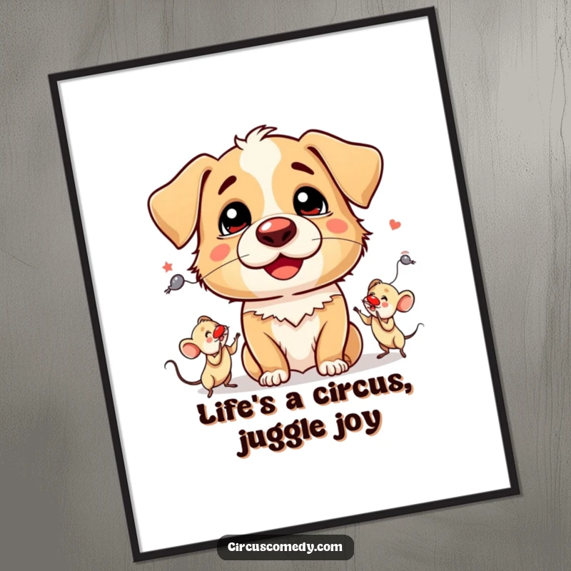Funny Free Printable Wall Art: A silly dog character in a clown nose juggles mice, bringing humor to any room.