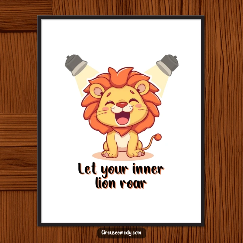 Funny Free Printable Wall Art: A delighted lion character playfully roars in a dramatic spotlight, adding bold energy.