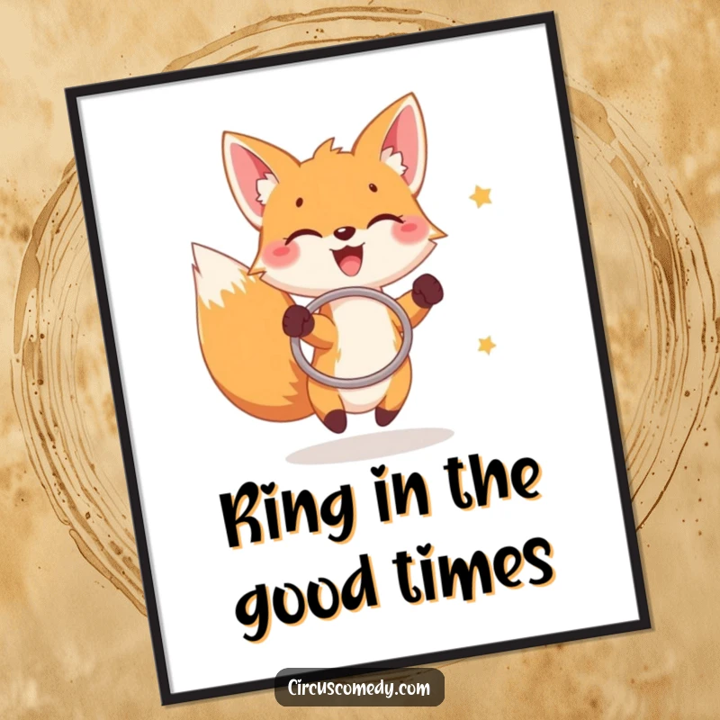 Funny Free Printable Wall Art: Joyful fox expertly catching rings with a hoop, showcasing playful talent and humor.