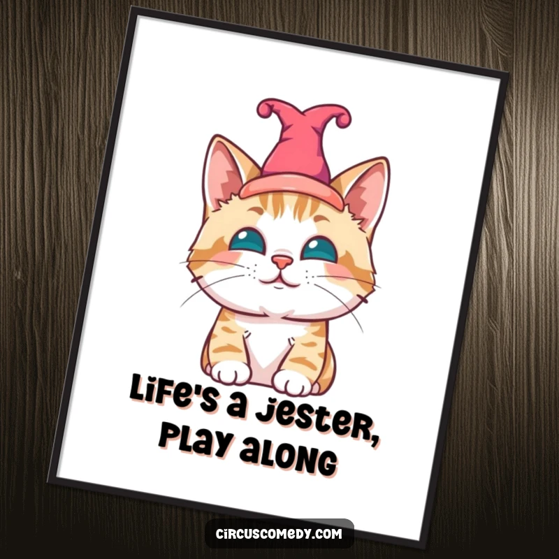 Funny Free Printable Wall Art: Contented cat sporting a tiny jester hat, exuding playful charm and humor on your wall.