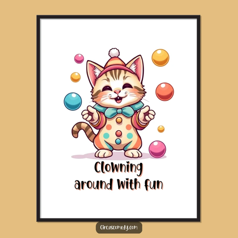 Funny Free Printable Wall Art: Juggling Cat Clown Downloadable Decor for Playful Spaces