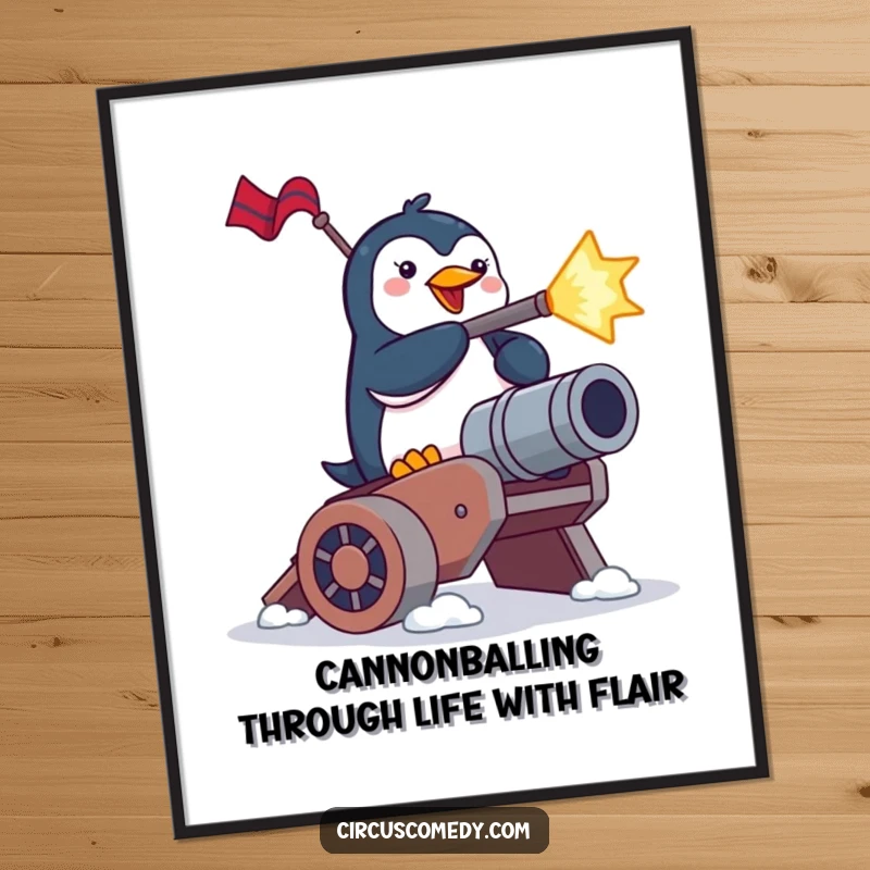 Funny Free Printable Wall Art: Brave penguin shooting from a cannon, rendered in a fun, cartoony style for bold decor.