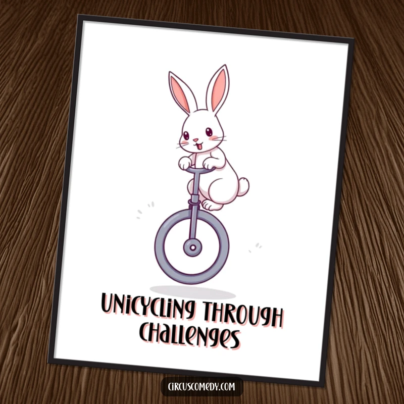 Funny Free Printable Wall Art: A determined rabbit balances on a large unicycle with ears perked, showcasing a fun skill.