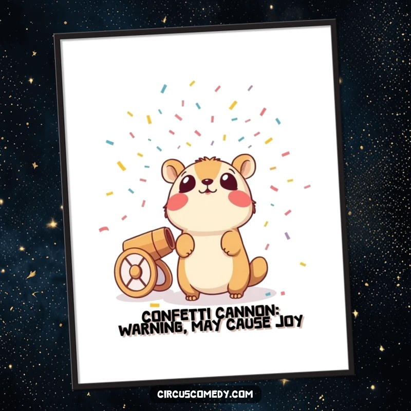 Funny Free Printable Wall Art: A shocked animal caught mid-blast from a confetti cannon, a vibrant and humorous piece.