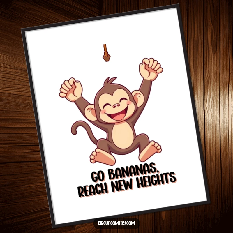 Funny Free Printable Wall Art: A monkey with an infectious grin, captured mid-swing on a trapeze, radiating pure joy.