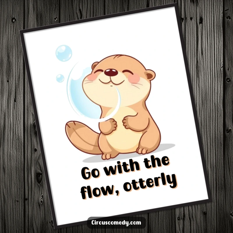Funny free printable wall art of a giggling otter, captured mid-laugh while blowing a giant, iridescent bubble, adding fun decor.