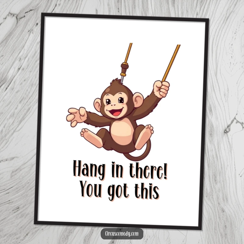 Funny free printable wall art: A determined monkey mid-air, dynamically swinging from a trapeze with a joyful expression.
